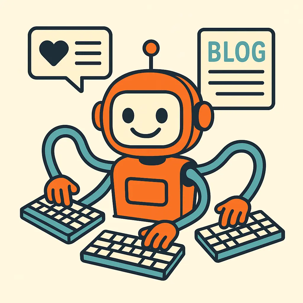 Person writing content on laptop with coffee and creative workspace